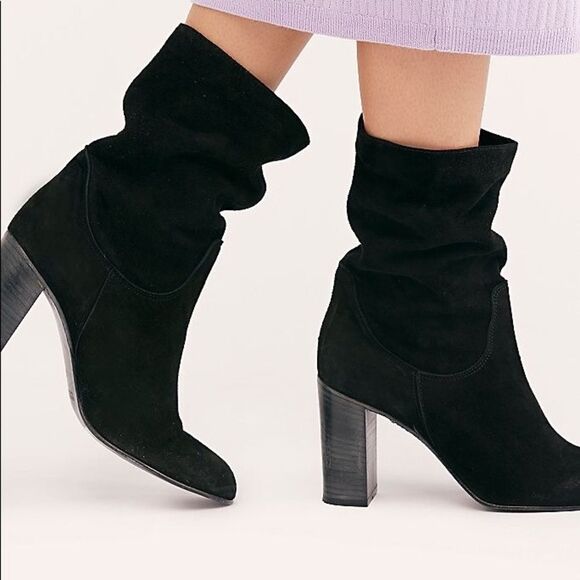 Free People Black Suede Slouchy Boots Sz 41 11 Dakota Stacked Block Heel Pull On - Picture 14 of 14